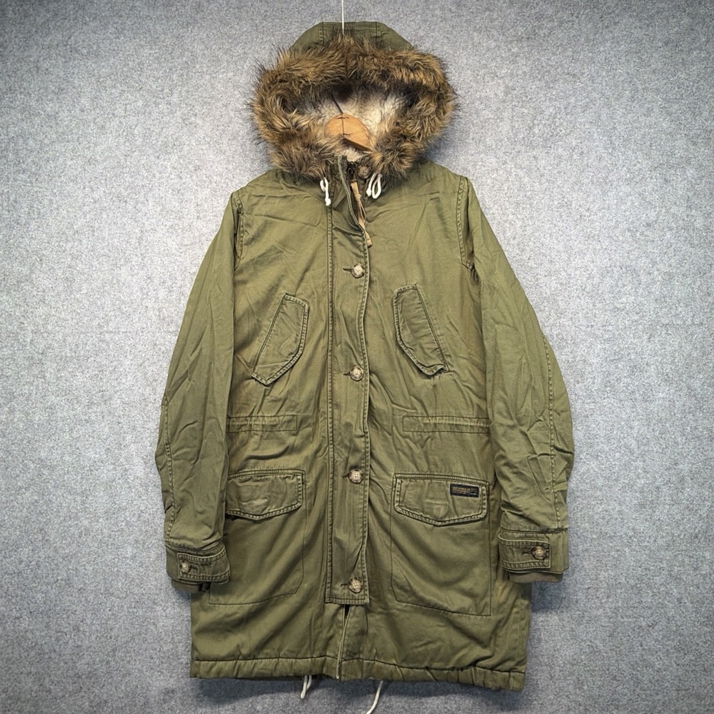 Abercrombie Fitch Jacket Womens Small Fur Hood Military Army Parka Sherpa Lined